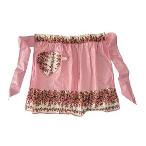 Vintage NOS Kitchen Apron Union Tag‎ Pink Floral Heart 50's Cotton New Old Stock